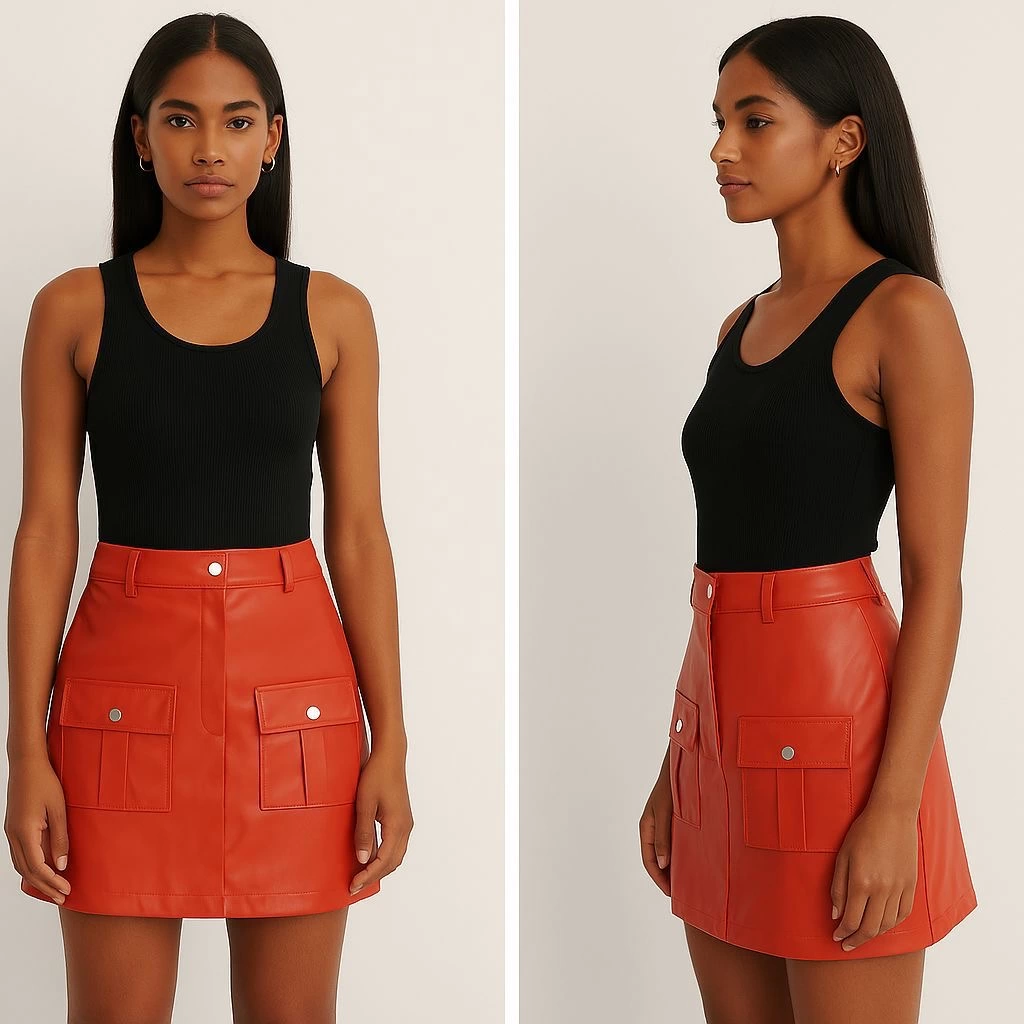 Önden İki Cepli Deri Etek Turuncu