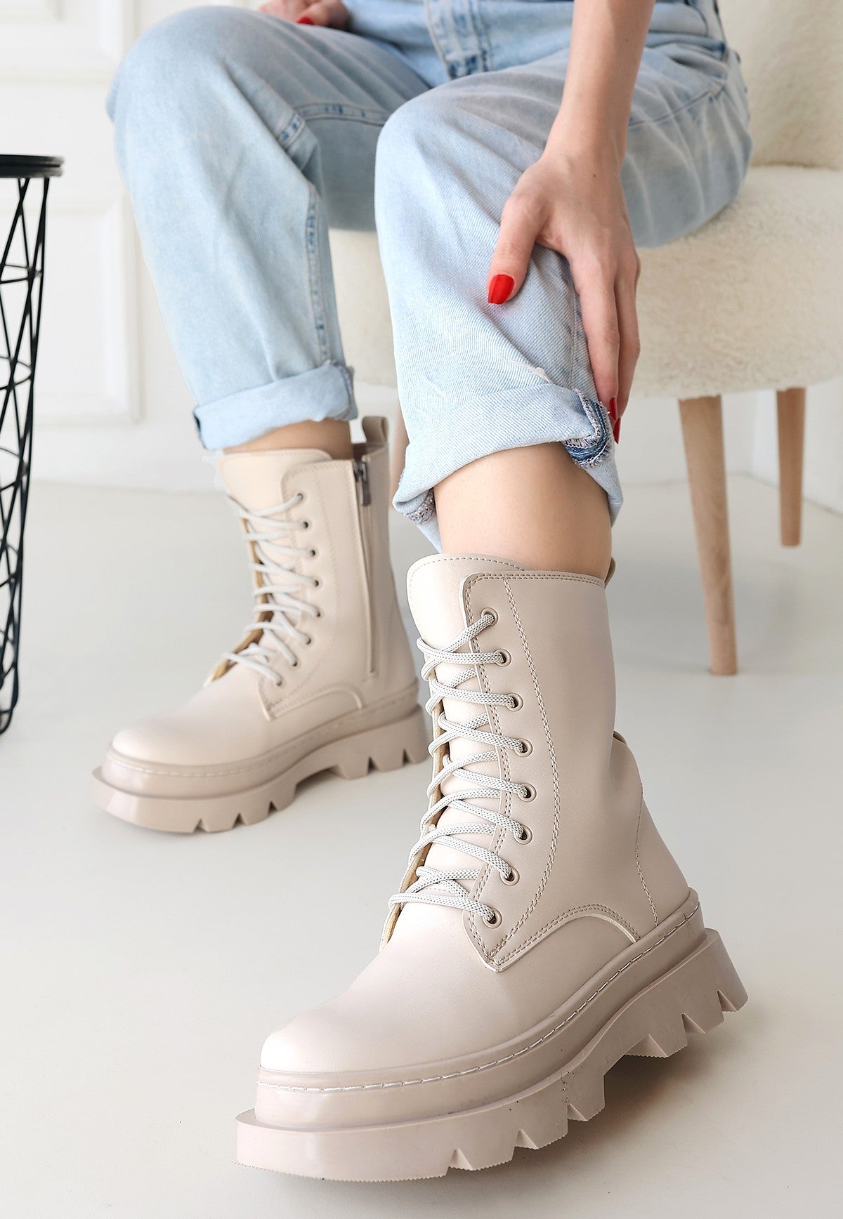 Orge Beige Lace-Up Women's Boots