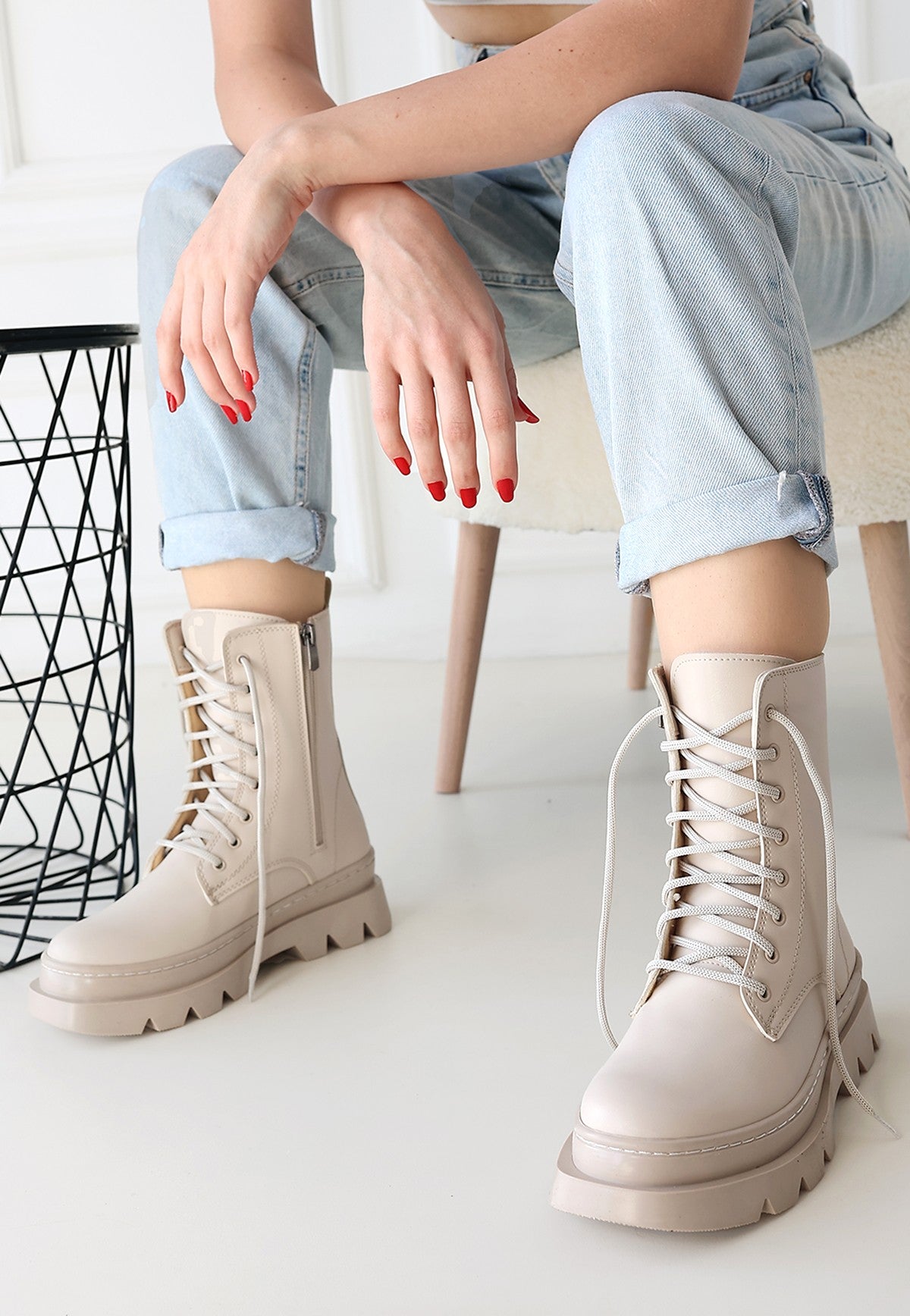 Orge Beige Lace-Up Women's Boots