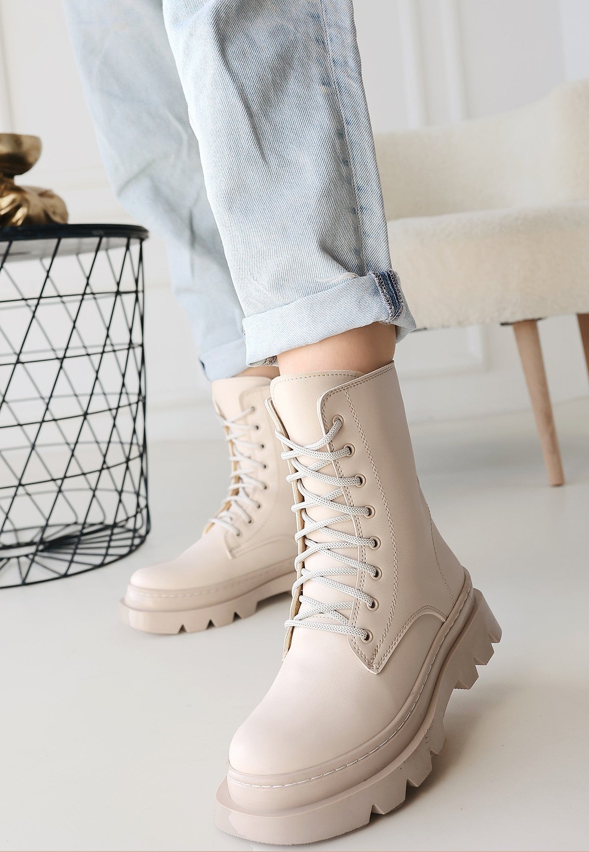 Orge Beige Lace-Up Women's Boots
