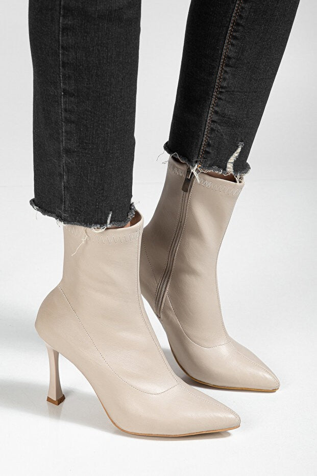 Orion Premium Bej Streç İnce Topuklu Bot