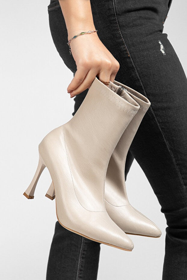 Orion Premium Bej Streç İnce Topuklu Bot