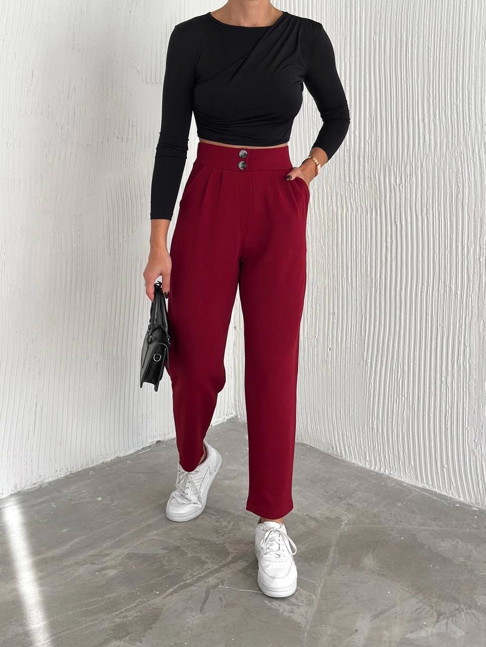 Örme Krep Pantolon Çift Düğmeli Bordo