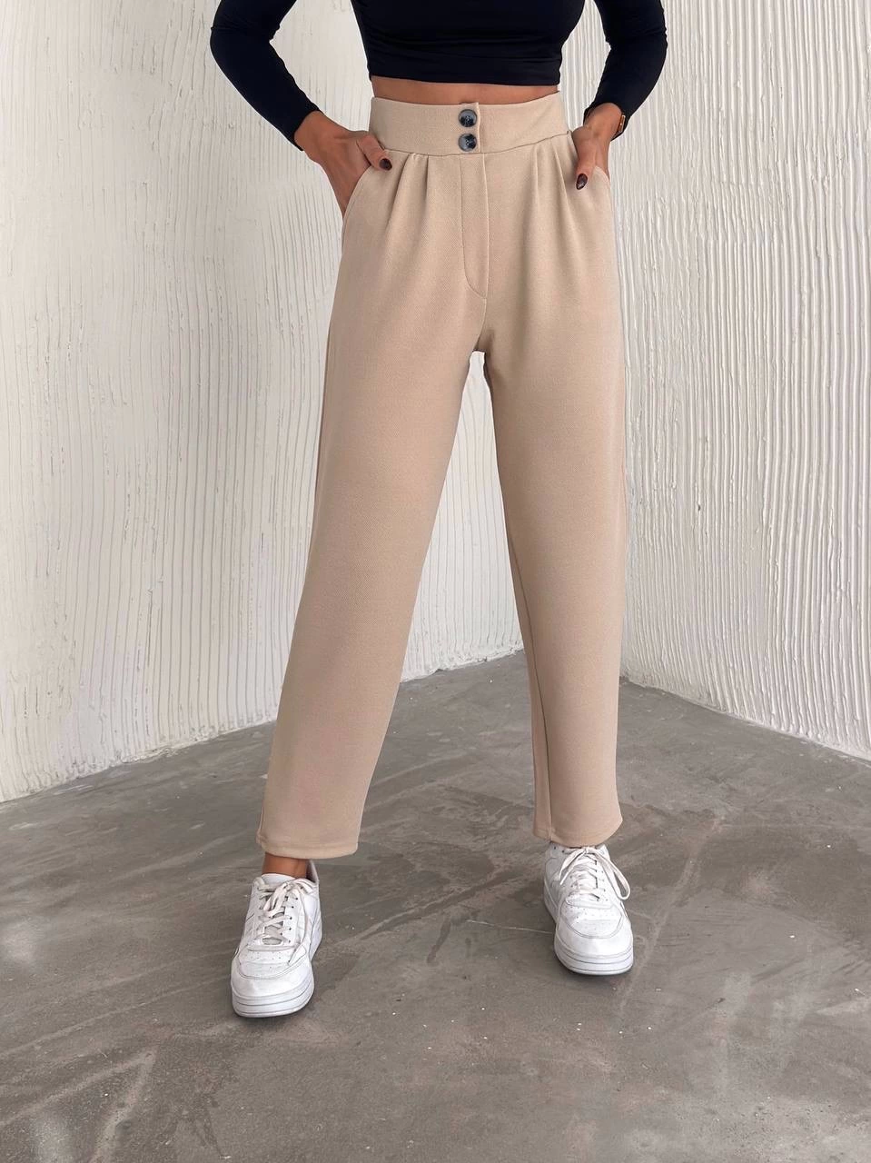 Örme Krep Pantolon Çift Düğmeli Bej