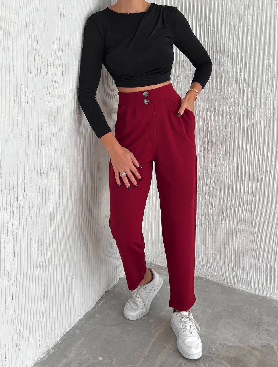 Örme Krep Pantolon Çift Düğmeli Bordo