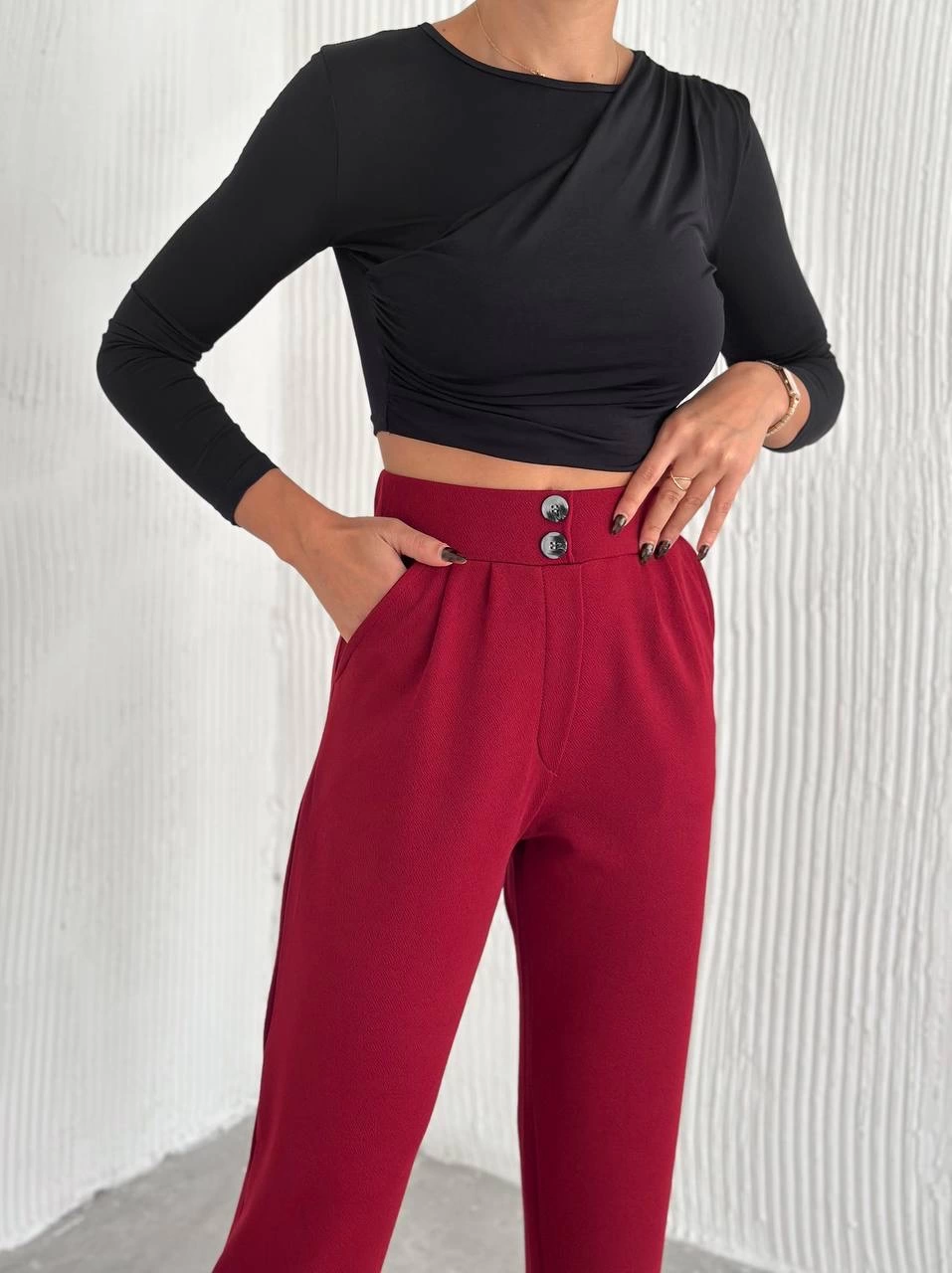 Örme Krep Pantolon Çift Düğmeli Bordo