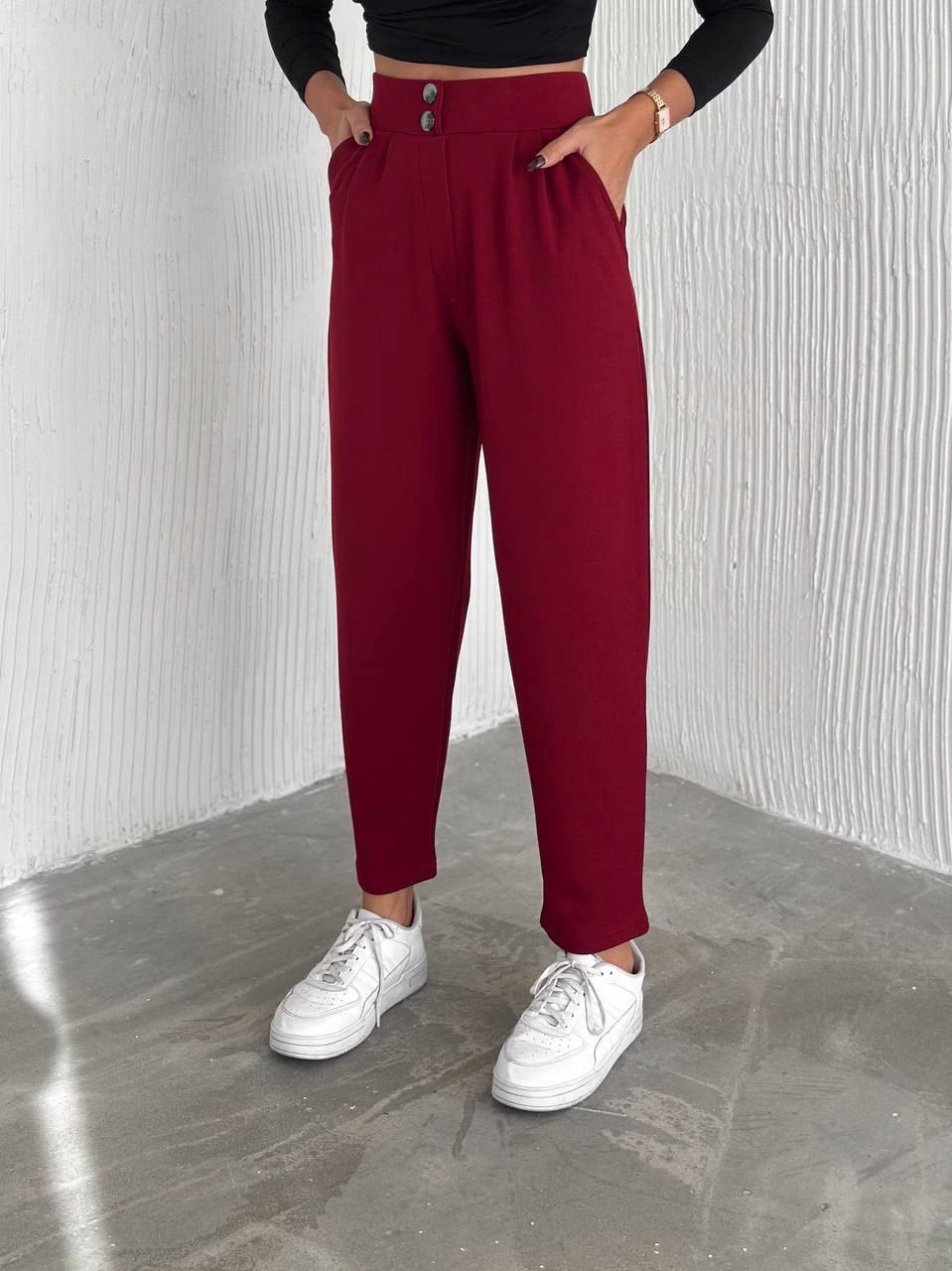 Örme Krep Pantolon Çift Düğmeli Bordo