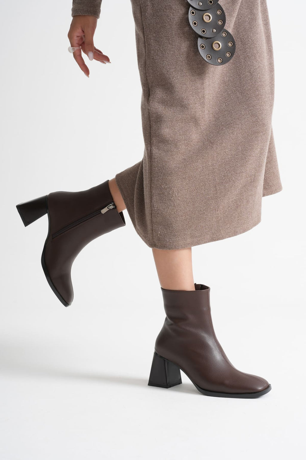 Napoca Premium Vegan Deri Acı Kahve Topuklu Bot