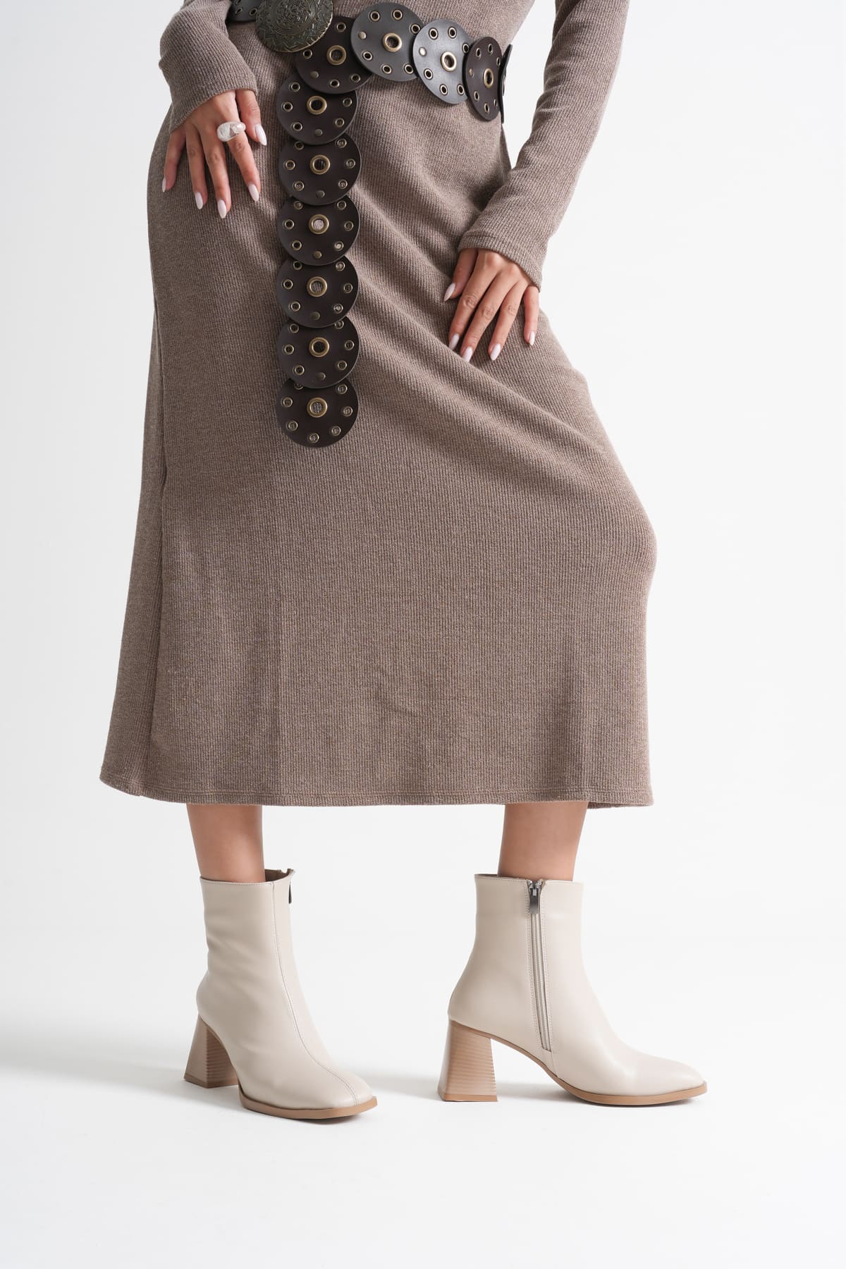 Napoca Premium Vegan Leather Beige Heeled Boots