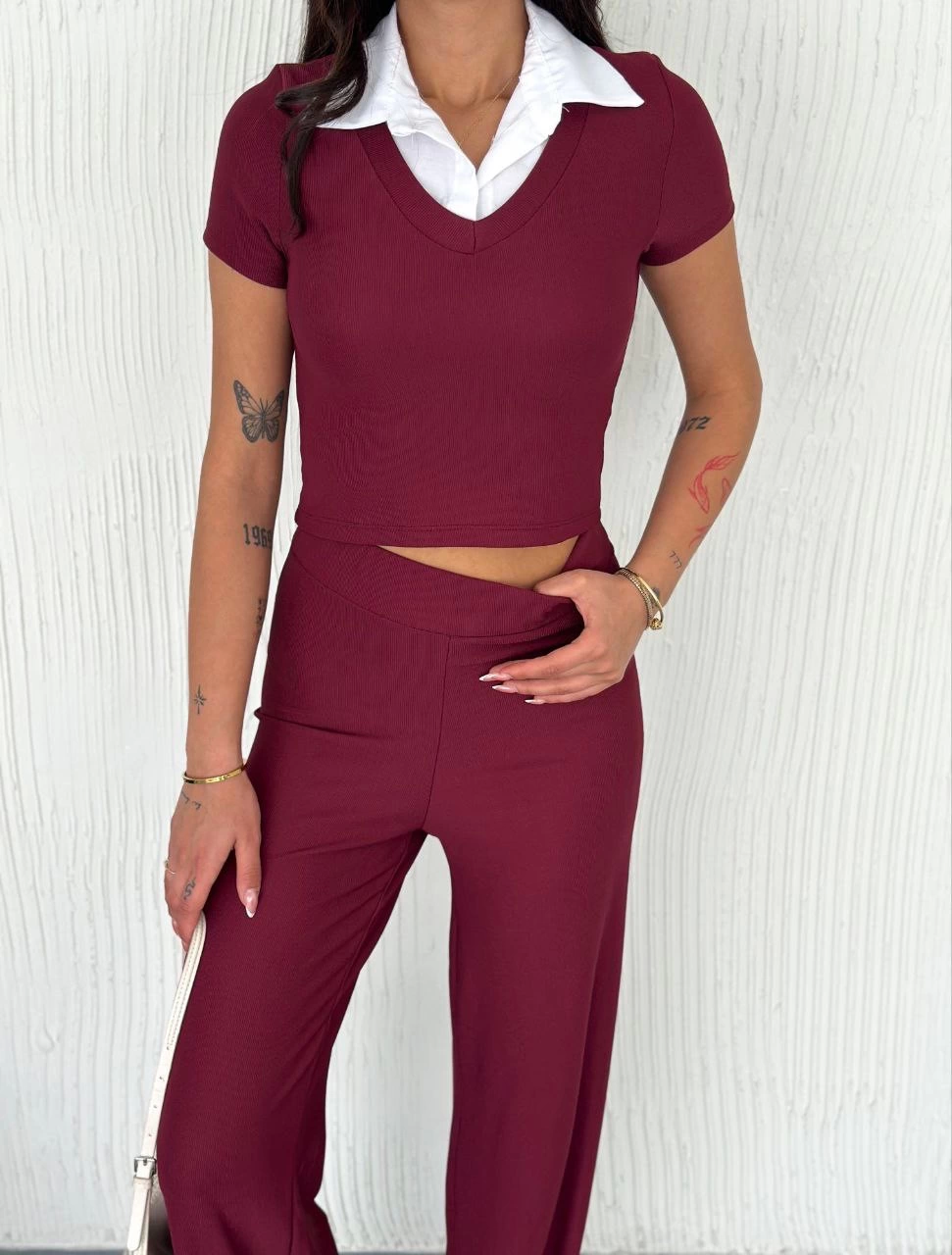 Ottoman Fabric White Shirt Collar Burgundy 2-Piece Set