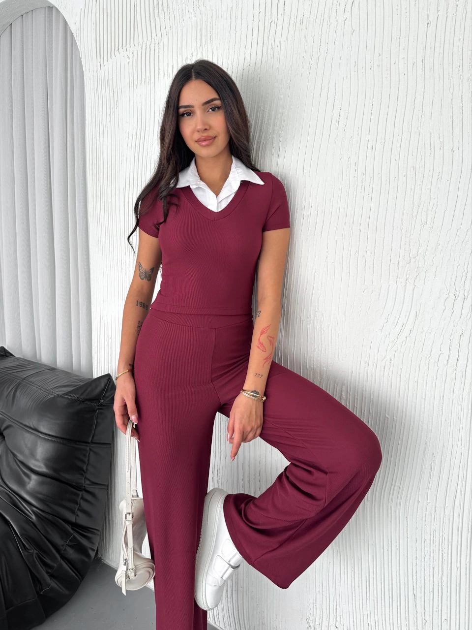 Ottoman Fabric White Shirt Collar Burgundy 2-Piece Set