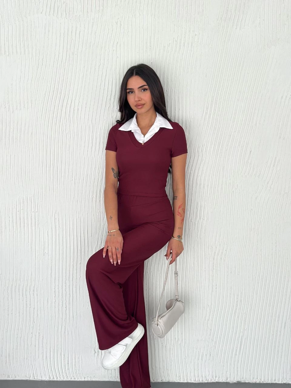 Ottoman Fabric White Shirt Collar Burgundy 2-Piece Set