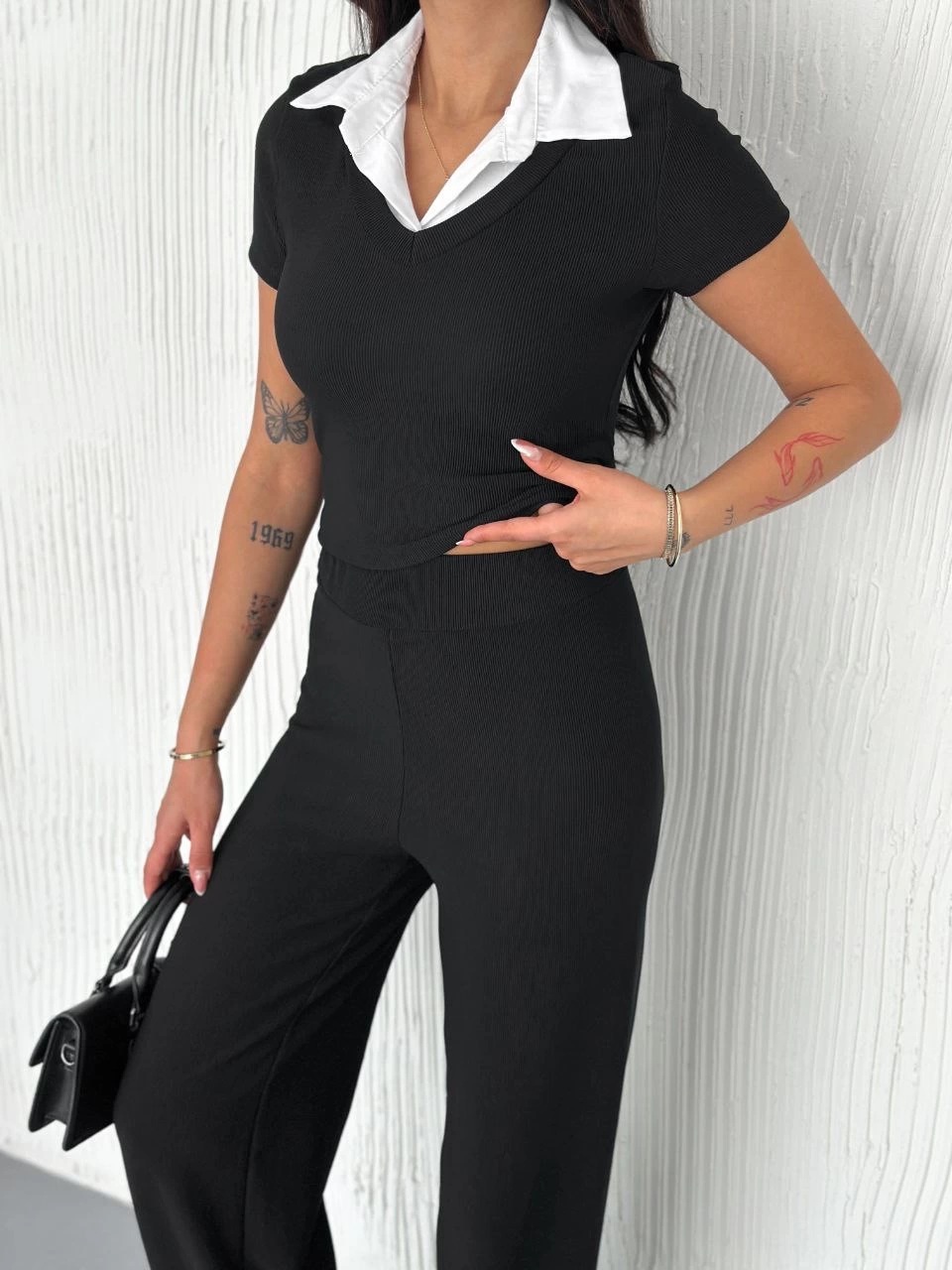 Ottoman Fabric White Shirt Collar Black 2-Piece Set