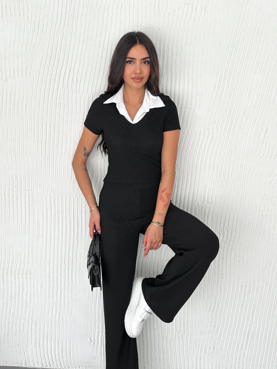 Ottoman Fabric White Shirt Collar Black 2-Piece Set