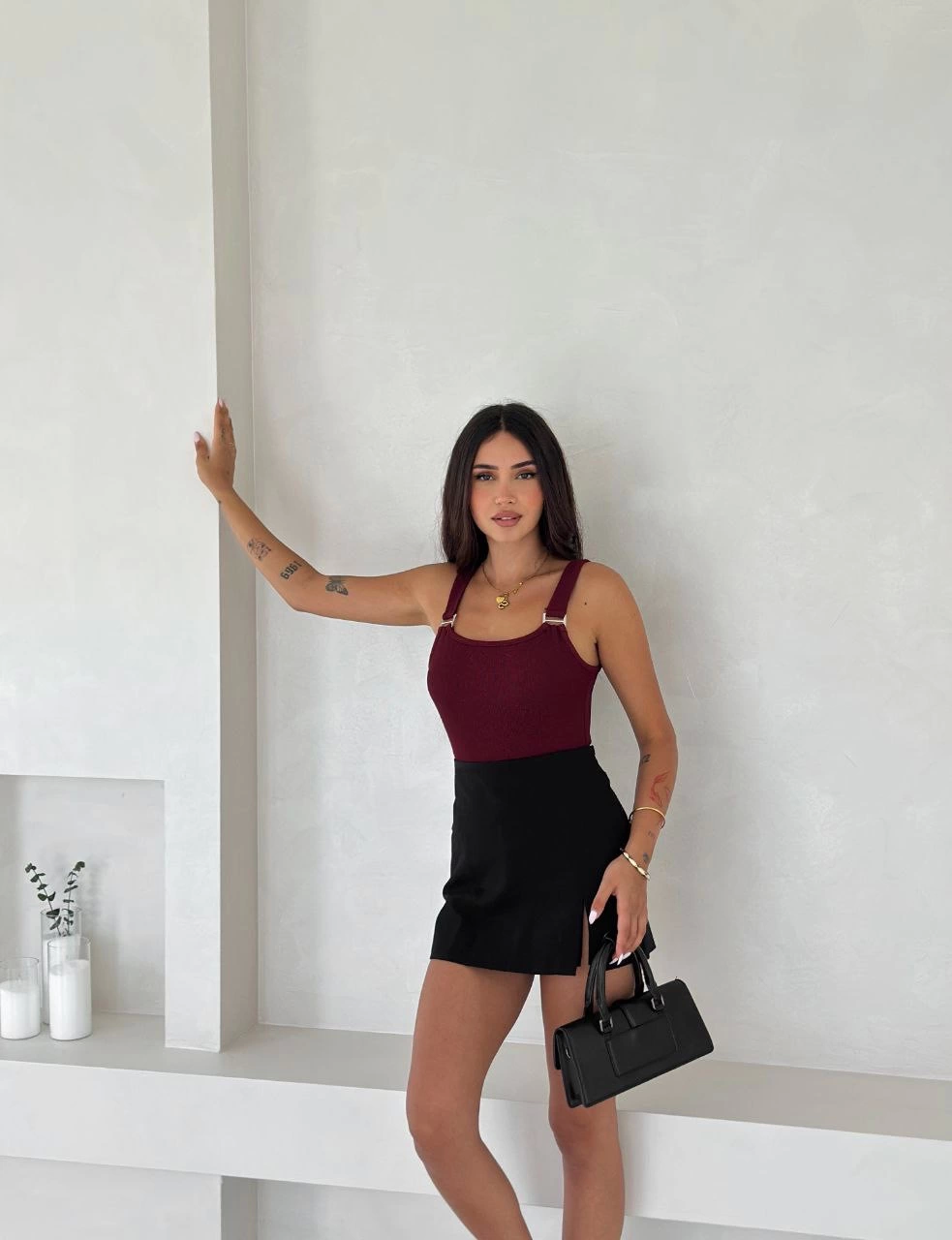 Ottoman Toka Askılı Bluz Bordo