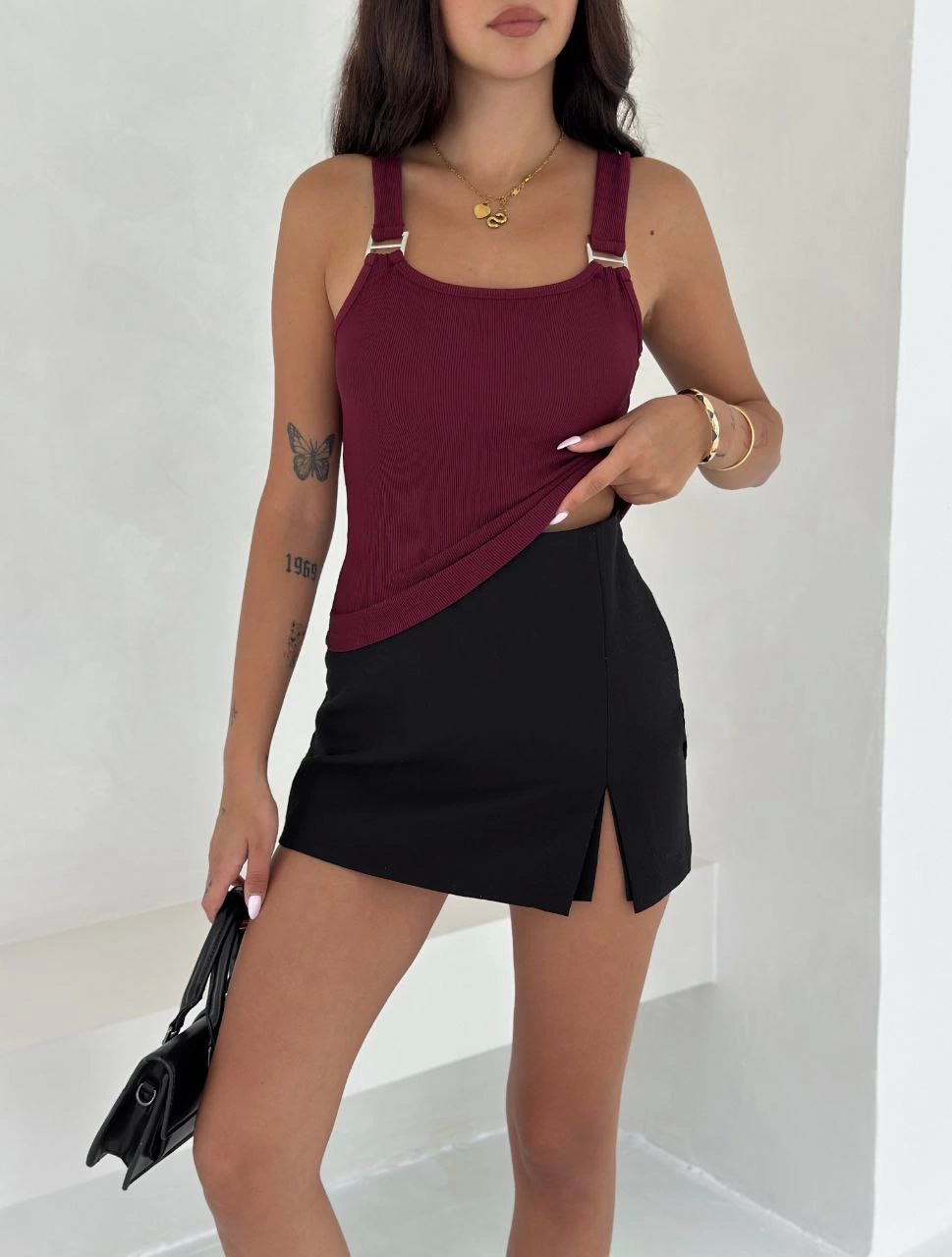 Ottoman Toka Askılı Bluz Bordo