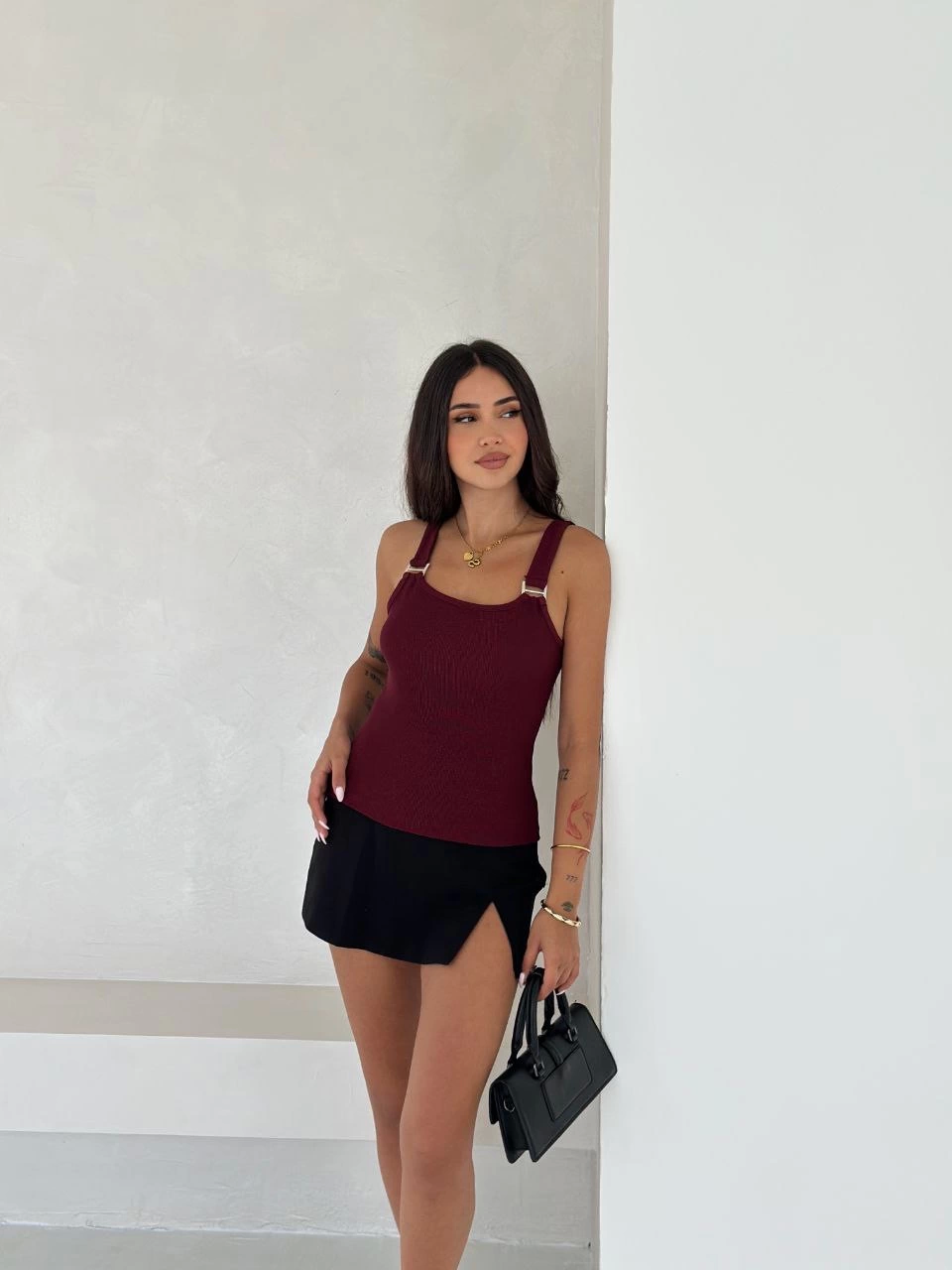 Ottoman Toka Askılı Bluz Bordo