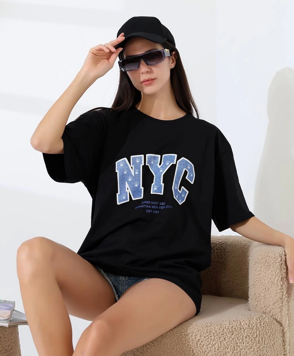 Oversize Siyah Baskılı Tişört