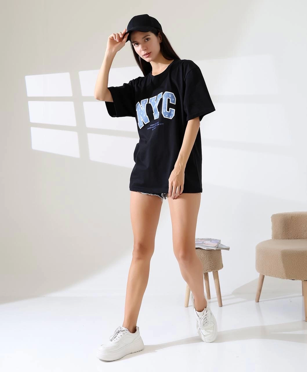 Oversize Siyah Baskılı Tişört