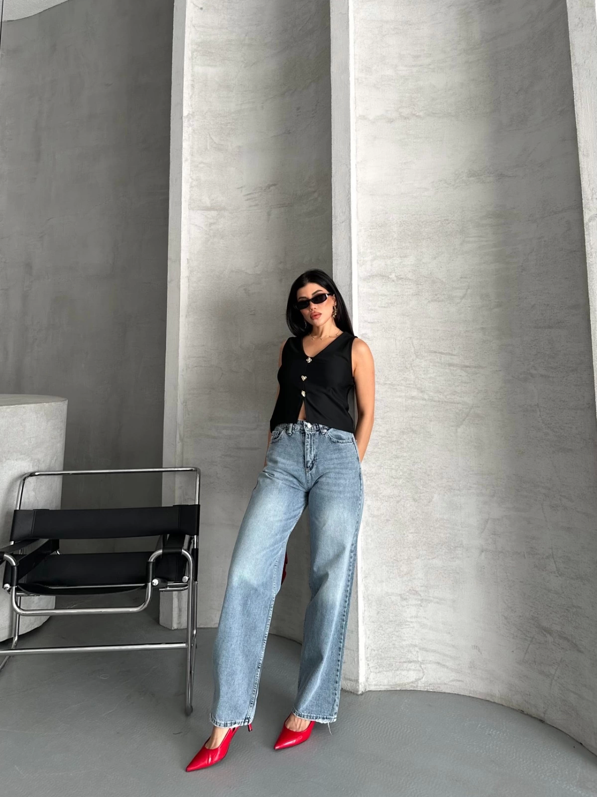 Palazzo Straight Enzim Süper Taş Yıkama Jeans Pantolon Mavi