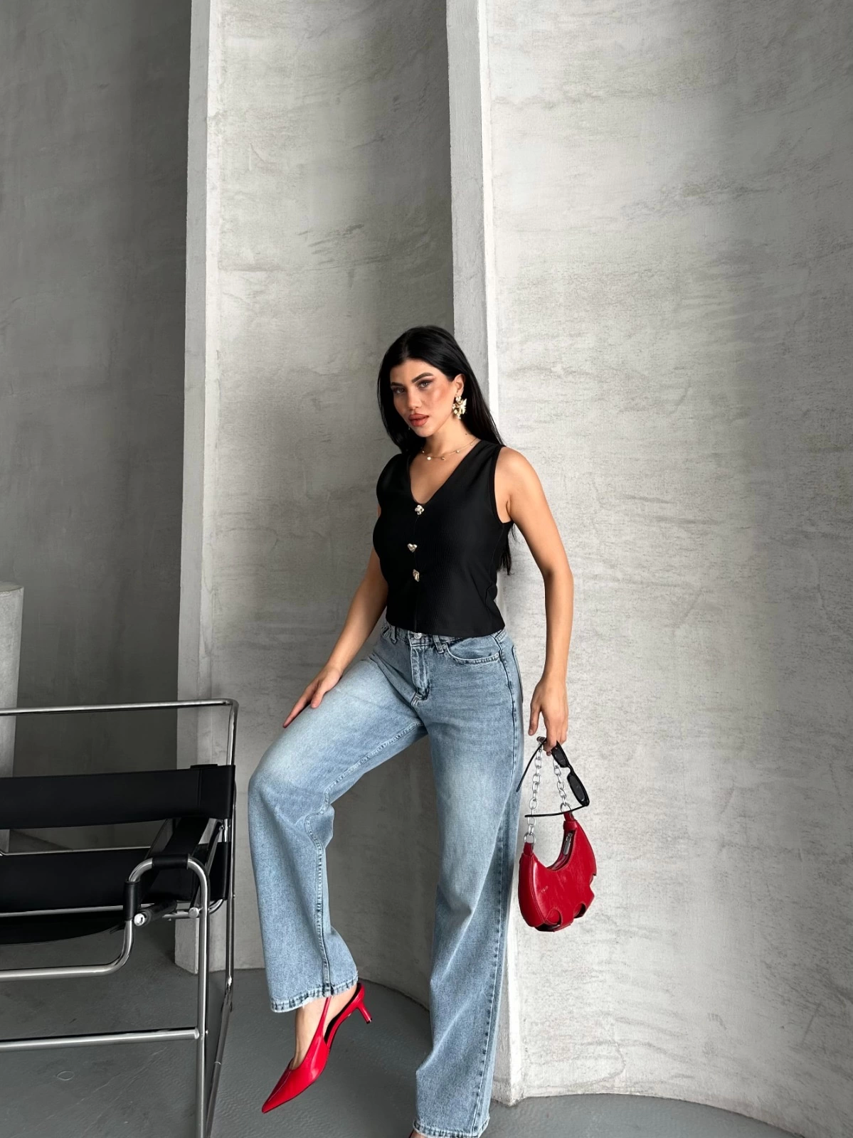 Palazzo Straight Enzim Süper Taş Yıkama Jeans Pantolon Mavi
