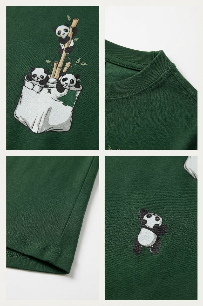 Panda Baskılı - Üst Kalite Pamuklu Kumaş Oversize Simit Yaka Kısa Kollu Tişört Haki