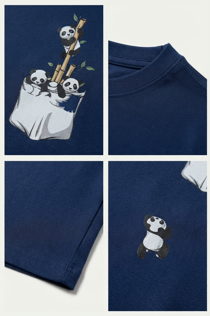 Panda Baskılı - Üst Kalite Pamuklu Kumaş Oversize Simit Yaka Kısa Kollu Tişört Lacivert