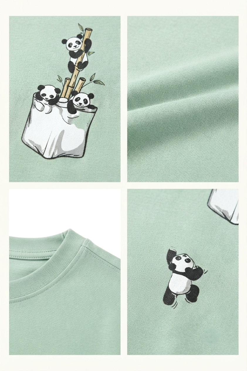 Panda Baskılı - Üst Kalite Pamuklu Kumaş Oversize Simit Yaka Kısa Kollu Tişört Su Yeşili