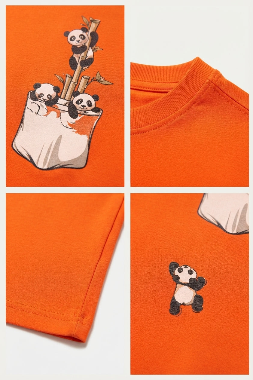 Panda Baskılı - Üst Kalite Pamuklu Kumaş Oversize Simit Yaka Kısa Kollu Tişört Turuncu