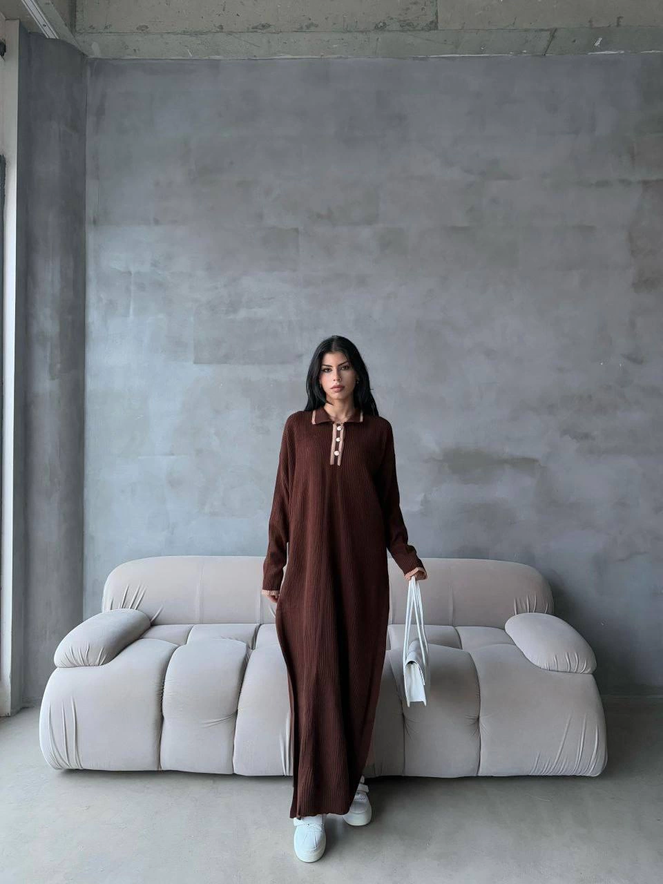 Pantolon Yırtmaçlı Elbise İkili Triko Takım Kahve