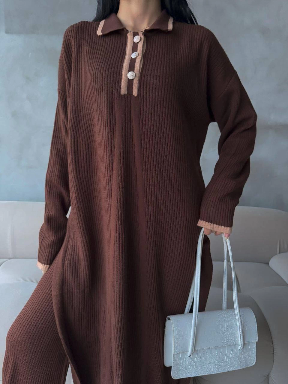 Pantolon Yırtmaçlı Elbise İkili Triko Takım Kahve