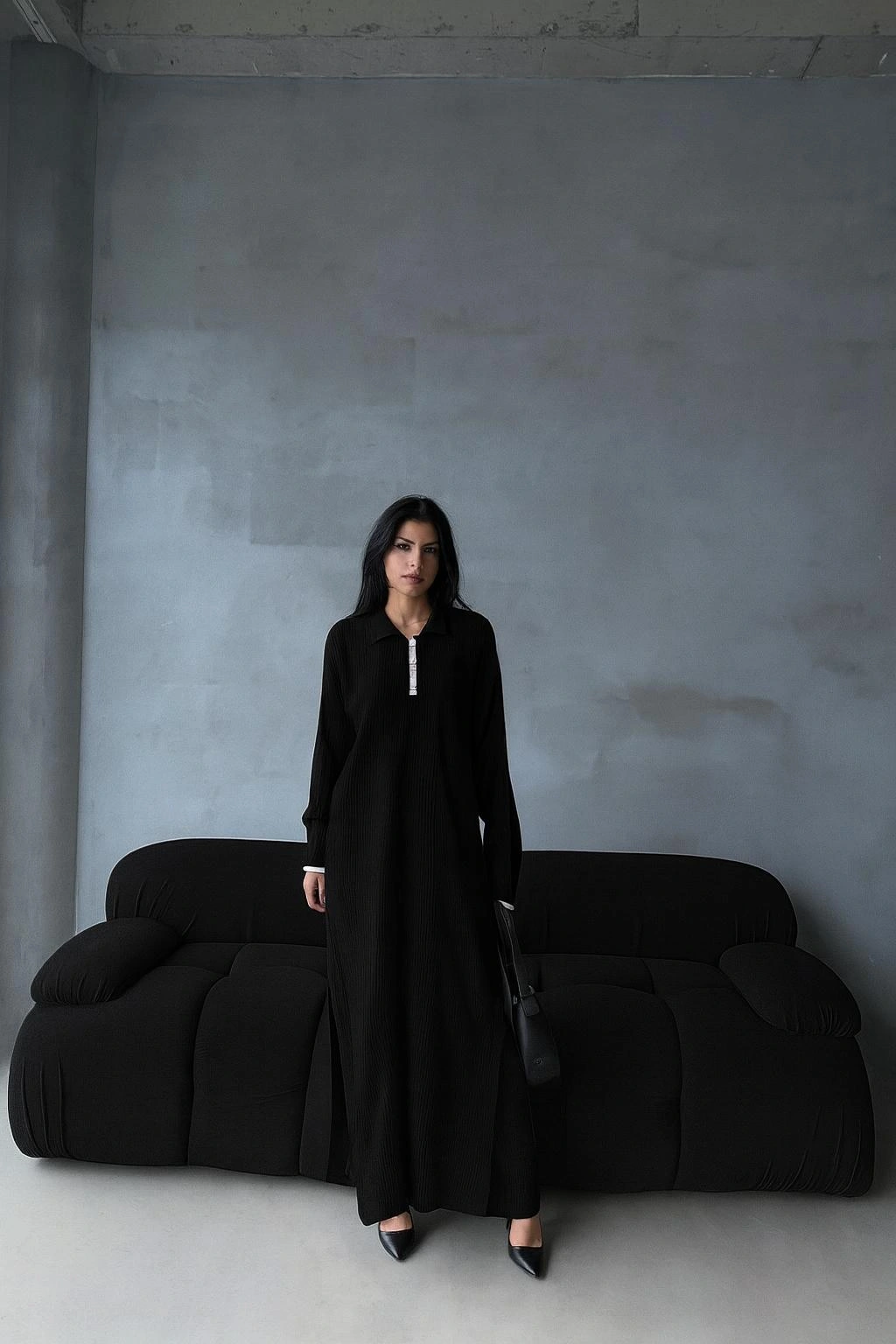 Pantolon Yırtmaçlı Elbise İkili Triko Takım Siyah