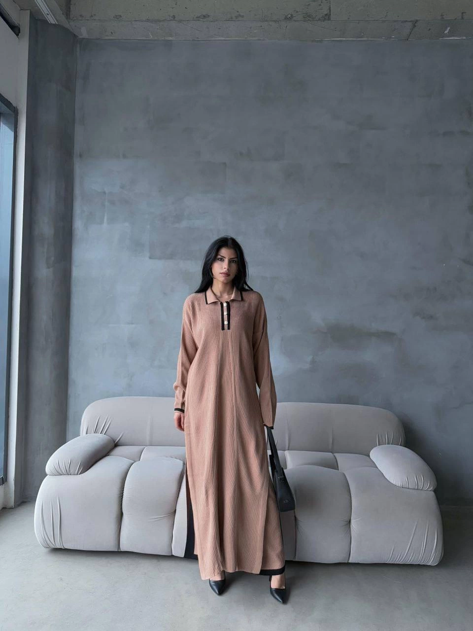 Pantolon Yırtmaçlı Elbise İkili Triko Takım Vizon