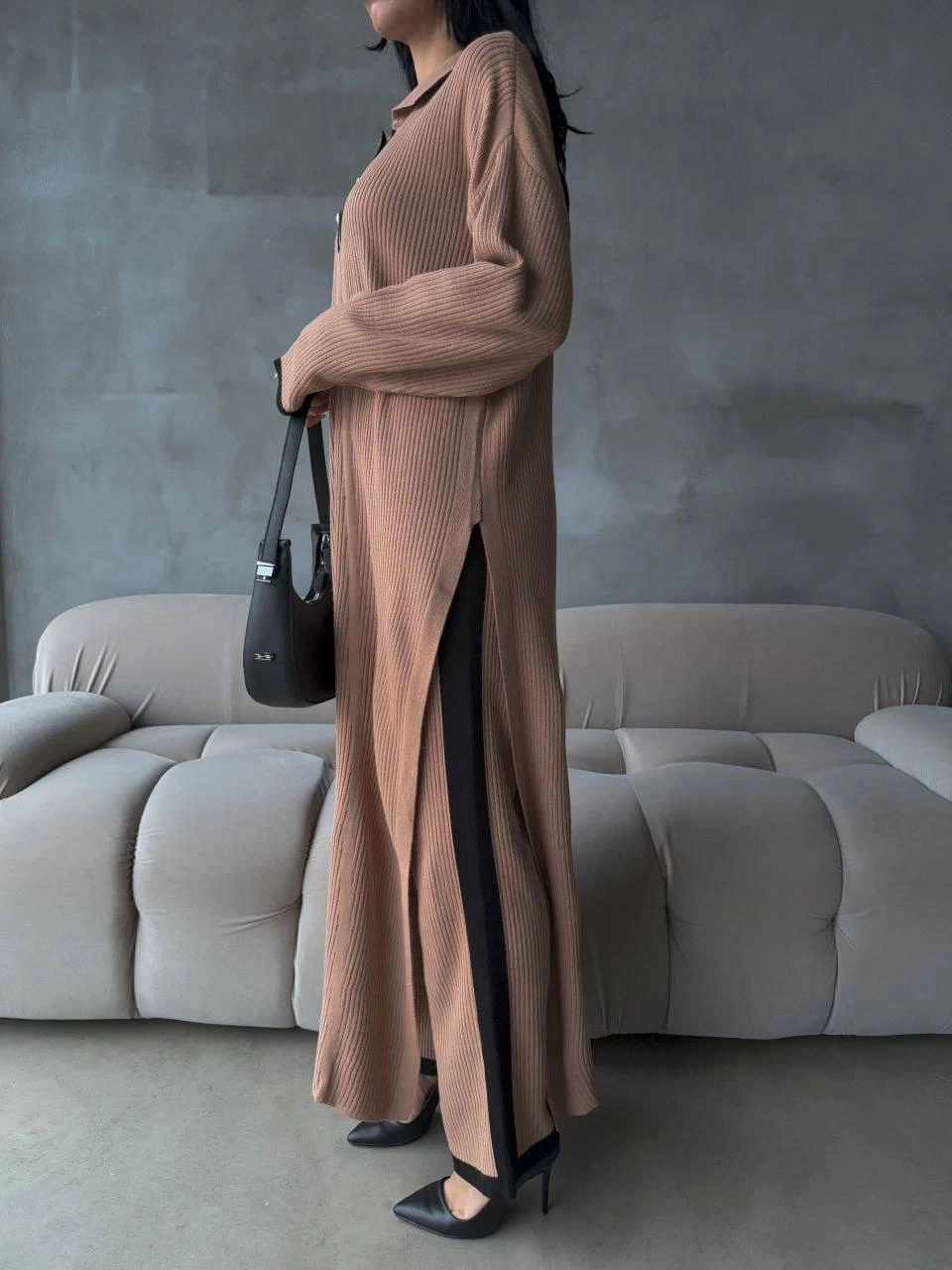 Pantolon Yırtmaçlı Elbise İkili Triko Takım Vizon