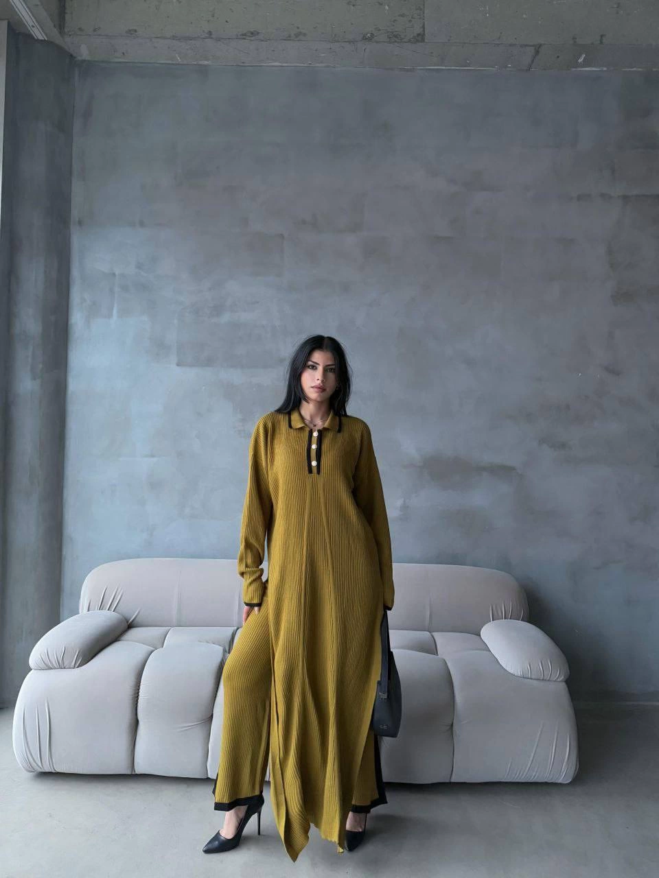 Pantolon Yırtmaçlı Elbise İkili Triko Takım Yeşil