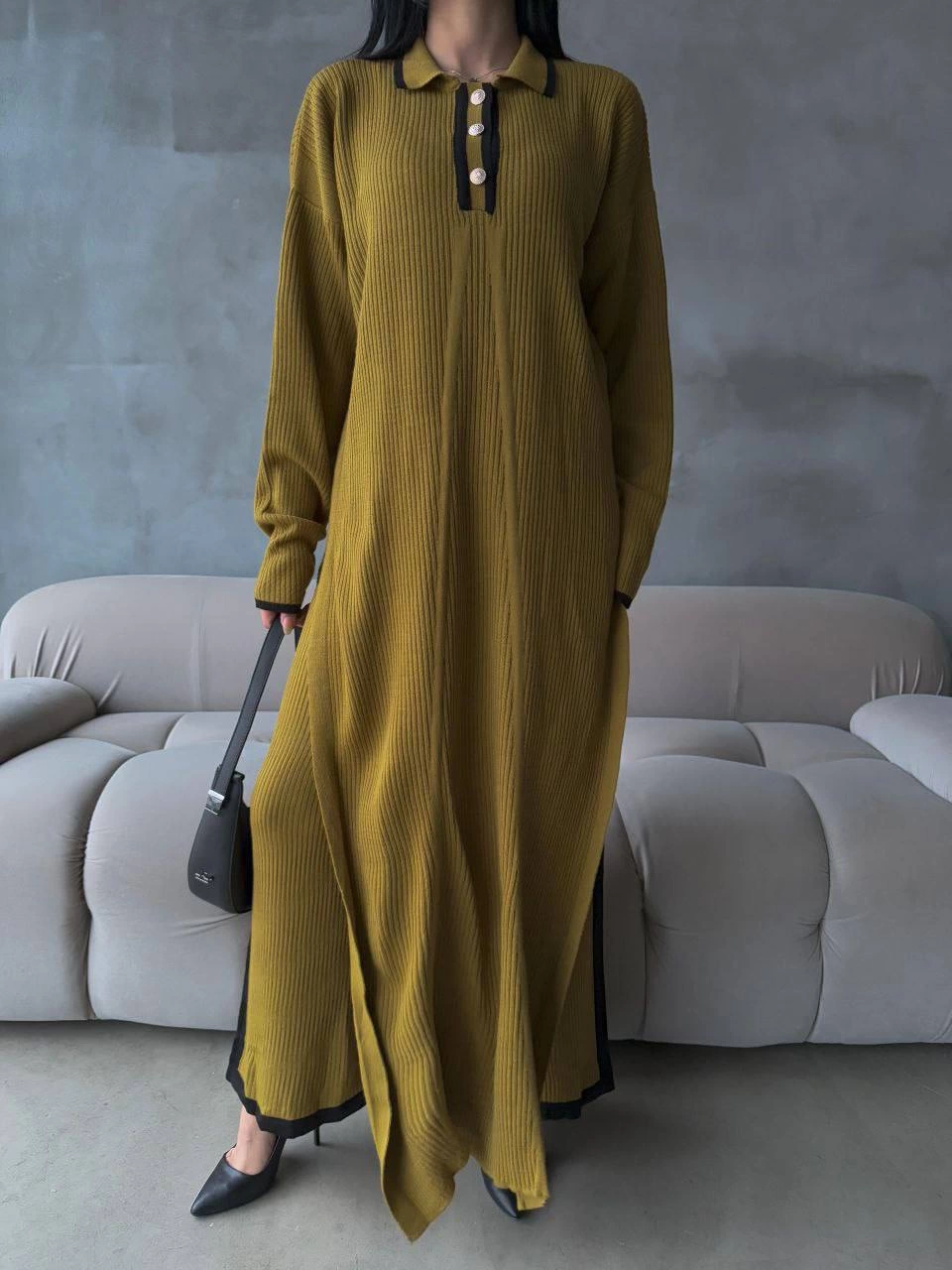 Pantolon Yırtmaçlı Elbise İkili Triko Takım Yeşil