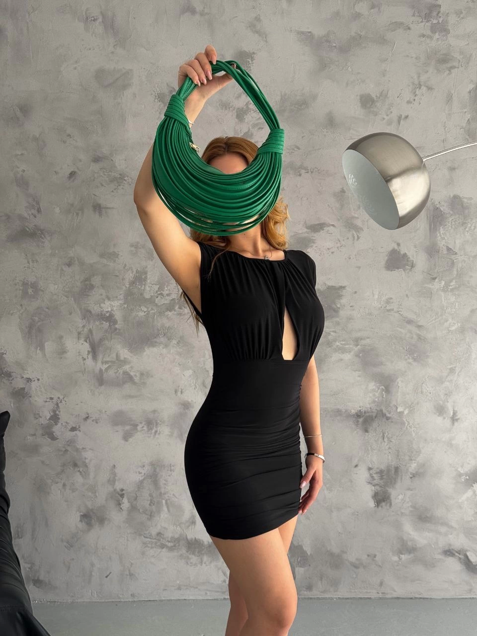 Pencere Detaylı Sandy Kumaş Mini Elbise Siyah
