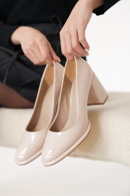 Pensy Premium Beige Patent Leather Women's High Heel Shoes