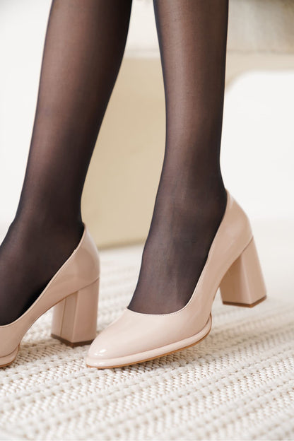 Pensy Premium Beige Patent Leather Women's High Heel Shoes
