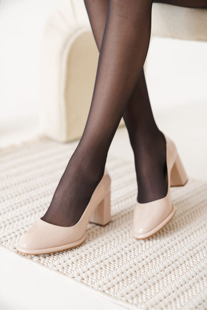 Pensy Premium Beige Patent Leather Women's High Heel Shoes