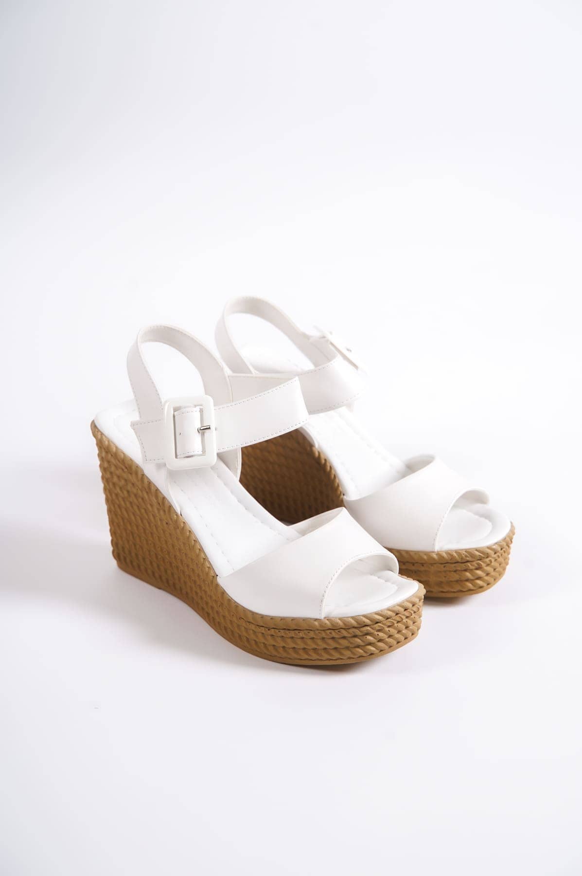 PERLA Buckled Elastic Wedge Heeled Orthopedic Sole Straw Women's Sandals - White 