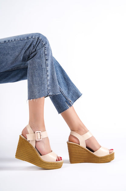 PERLA Buckled Elastic Wedge Heeled Orthopedic Sole Straw Women's Sandals - Skin 