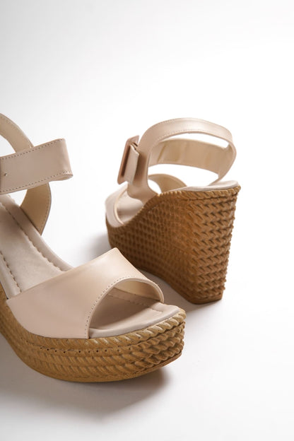 PERLA Buckled Elastic Wedge Heeled Orthopedic Sole Straw Women's Sandals - Skin 