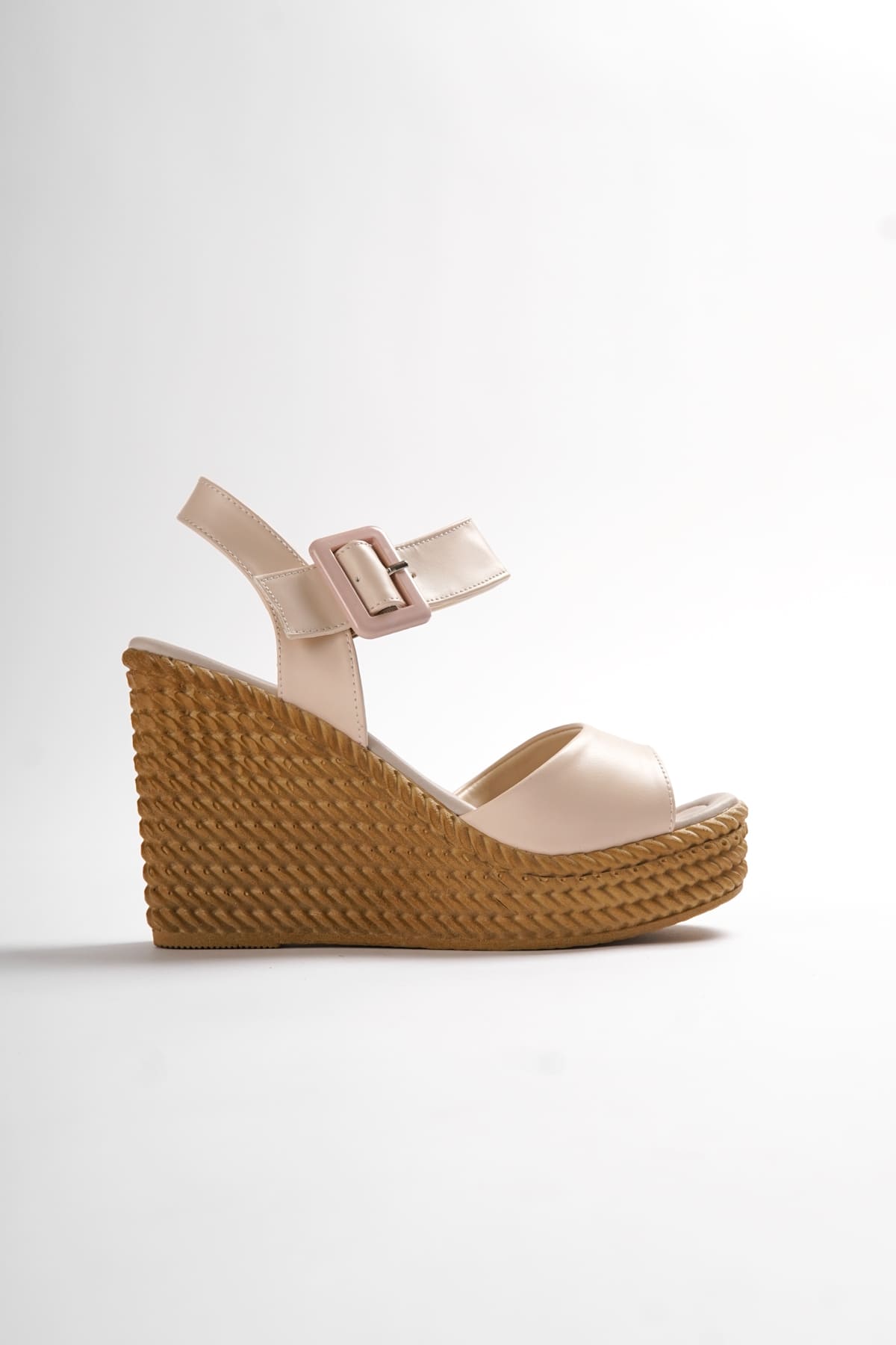 PERLA Buckled Elastic Wedge Heeled Orthopedic Sole Straw Women's Sandals - Skin 