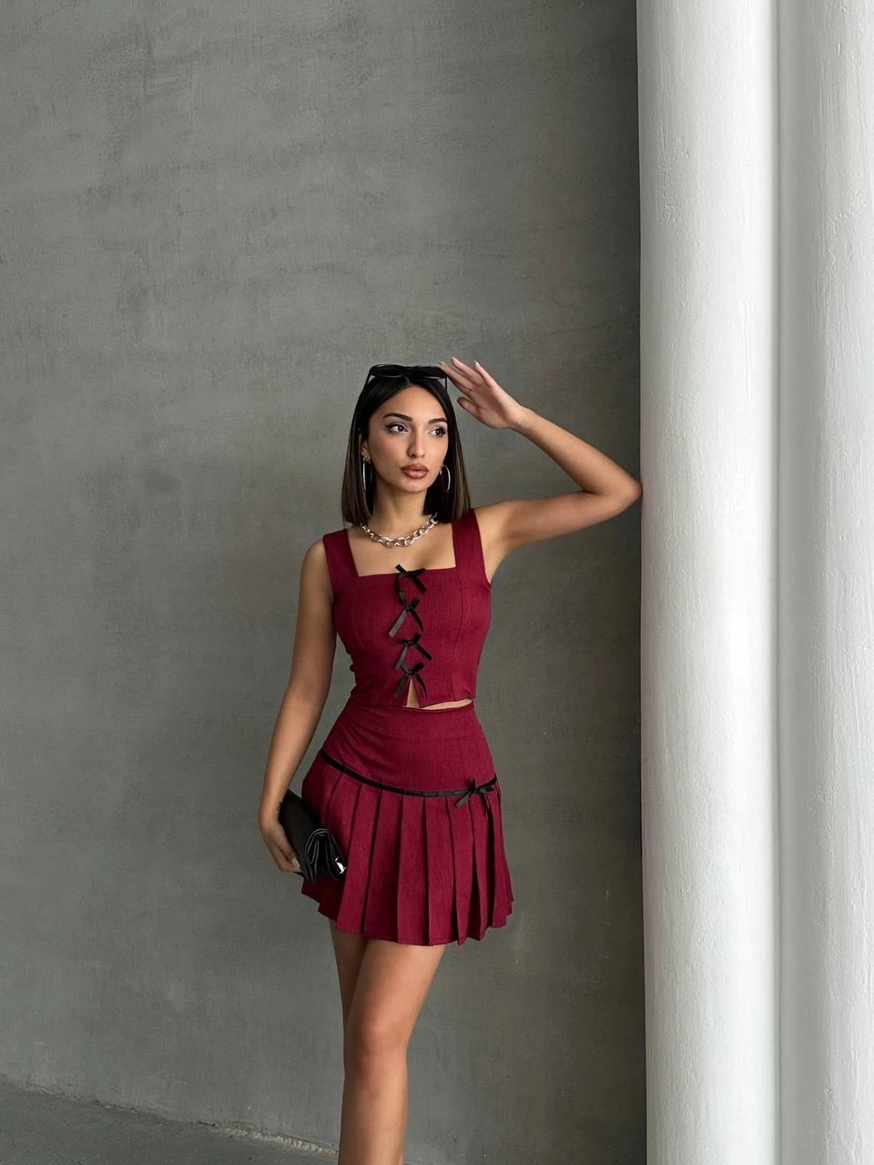 Pleated Skirt and Vest 2-Piece Set Burgundy