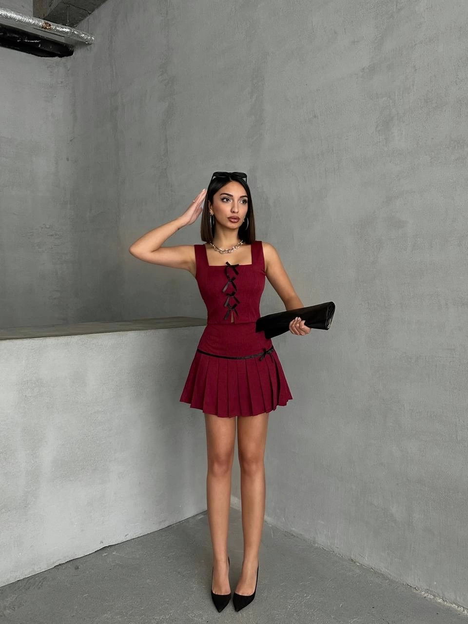 Pleated Skirt and Vest 2-Piece Set Burgundy