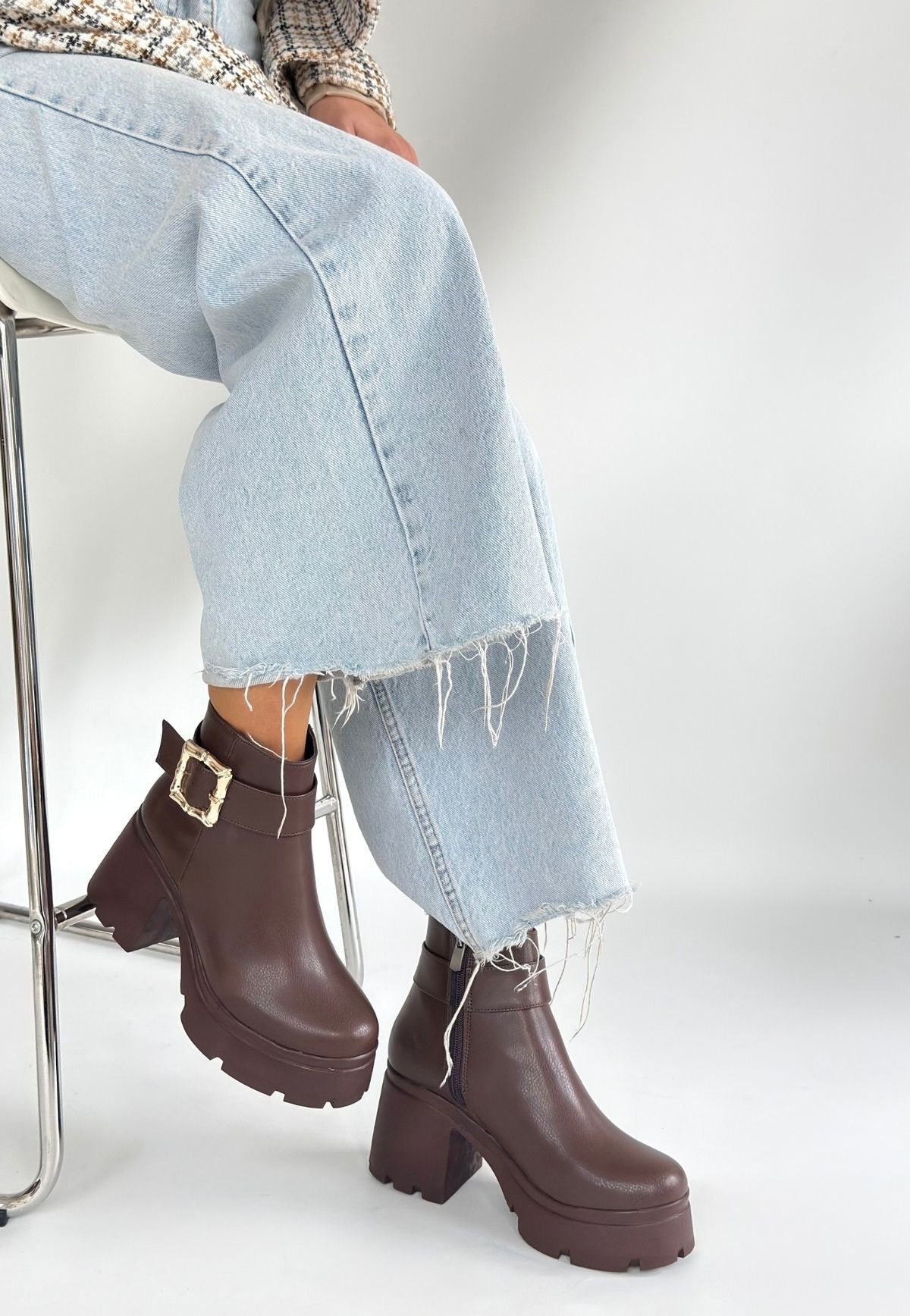 Pinma Premium Kahverengi Platform Topuklu Kadın Bot