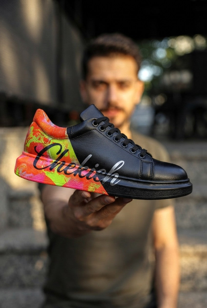 Pittura Yüksek Kalite Alexandre Taban Özel Baskılı Erkek Sneaker Siyah Sarı