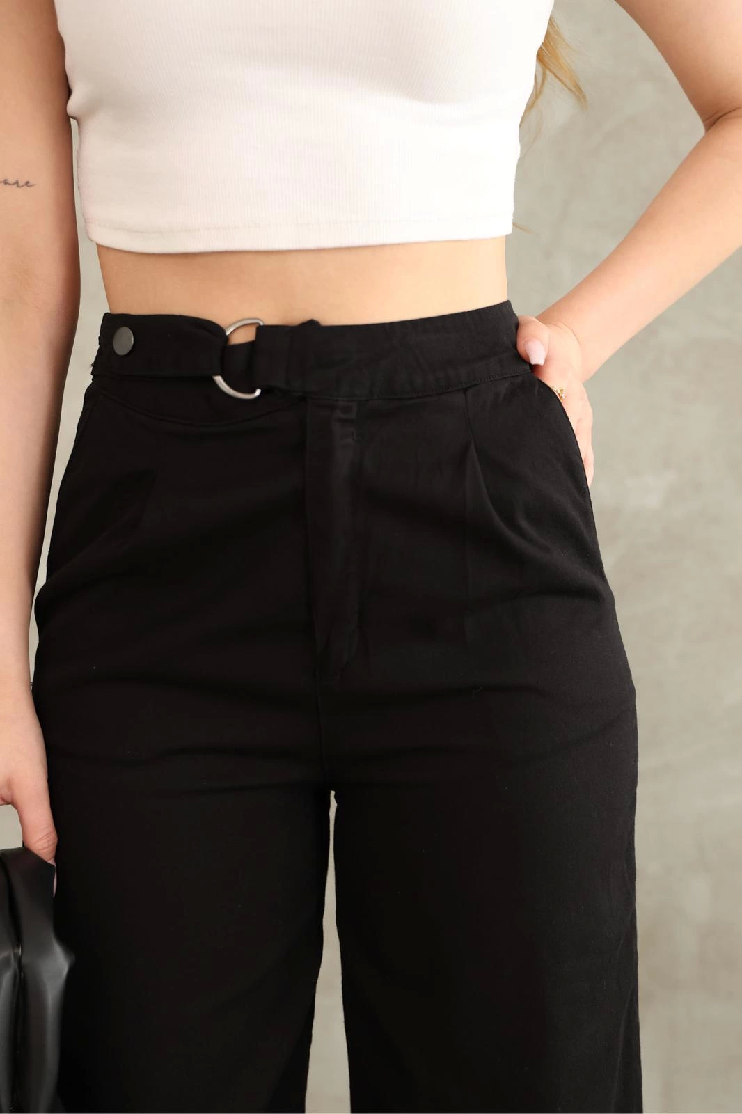 Pnt Gabardine Belt Detail Trousers Black