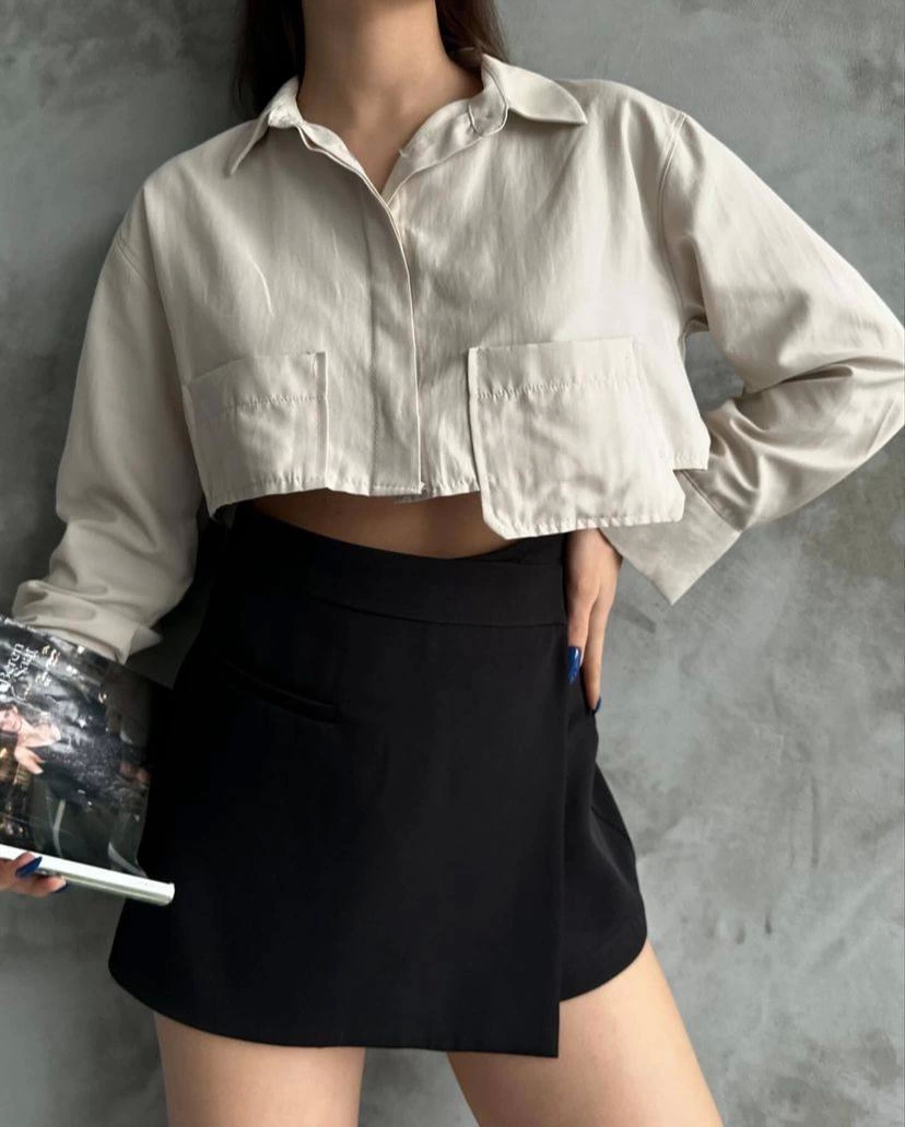Poplin Crop Gömlek Bej
